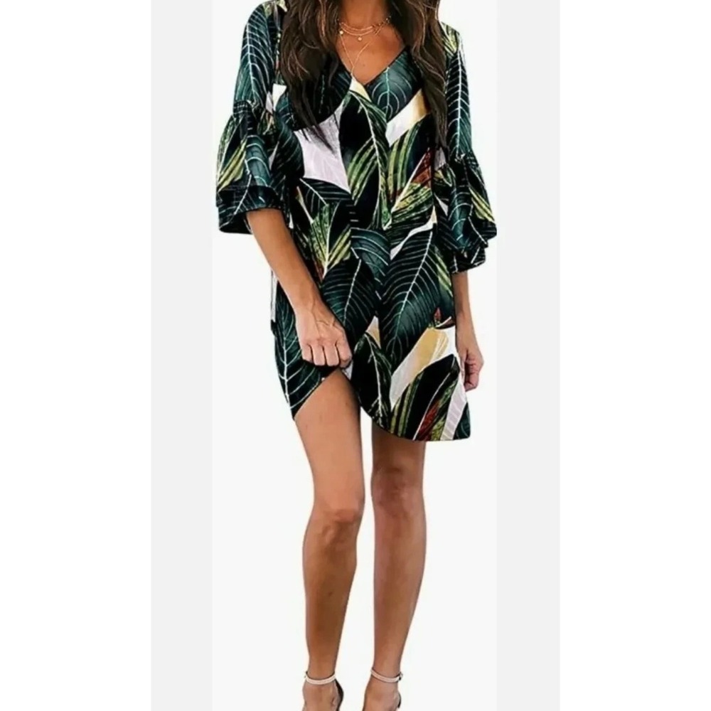 NWT Belongsci Leaf Print V-Neck Dress Bell Sleeve Bohemian Mini Dress Sz‎ Lg - Picture 2 of 16
